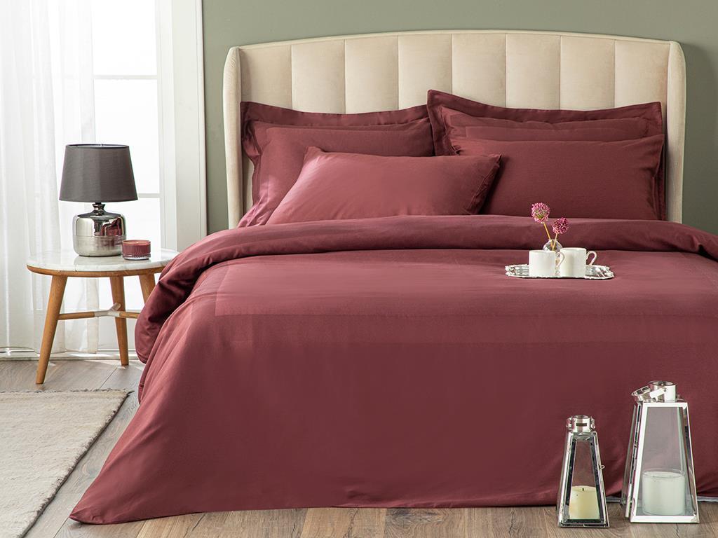Vivian Framed Cotton Satin Double 4 Pillows Plain Sheet Duvet Cover Set 200x220 cm Damson