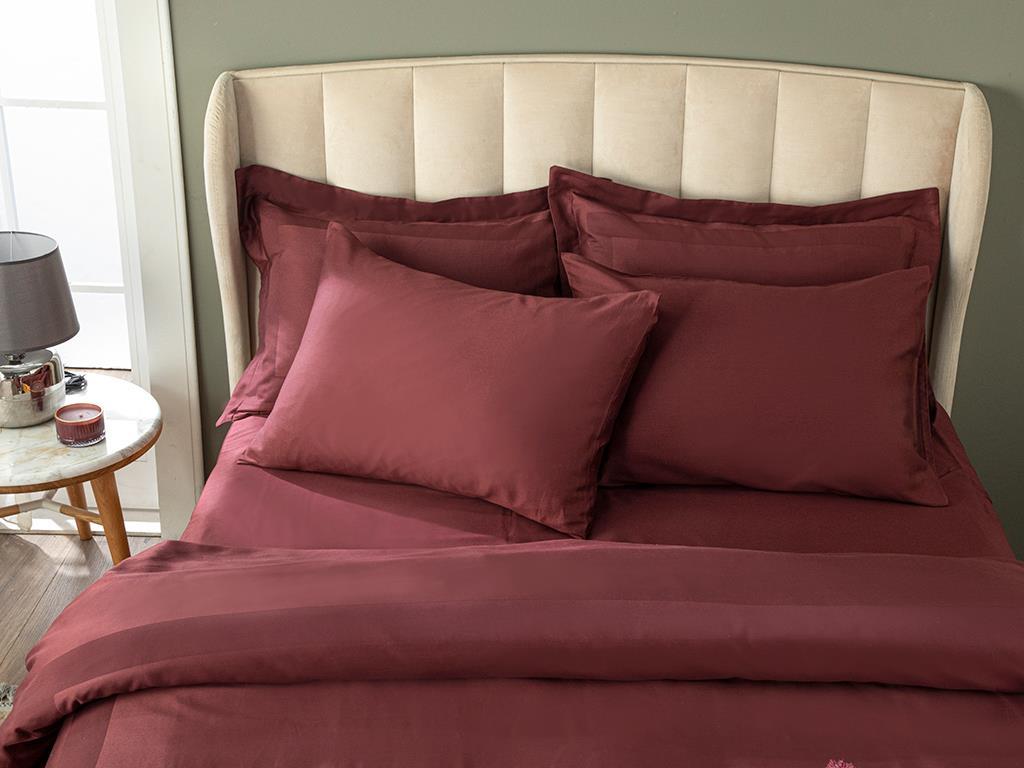 Vivian Framed Cotton Satin Double 4 Pillows Plain Sheet Duvet Cover Set 200x220 cm Damson