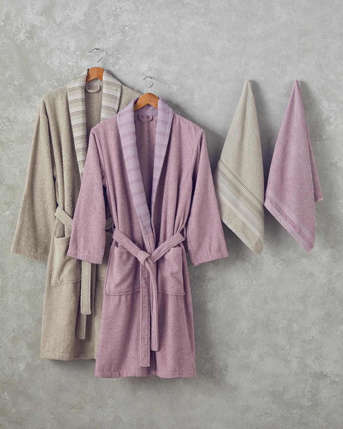 Wolin Bumbac Poliester Bordurat Set Halat S-M & L-XL Roz - Antracit