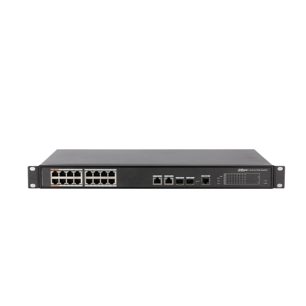 DAHUA PFS4218-16ET-240-V2, 16 Port, MegaBit, 16 Port PoE, 240W, +2 Port Combo SFP, +2 Port GigaBit Uplink, Yönetilebilir, Rack Mount  Switch