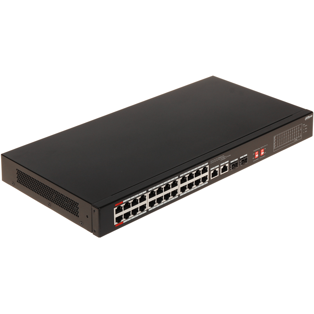 DAHUA S3226-24ET-240, 24 Port, MegaBit, 24 Port PoE, 240W, +2 Port Gigabit Combo SFP, Longe Range 250Mt., Yönetilemez, Rack Mount Switch