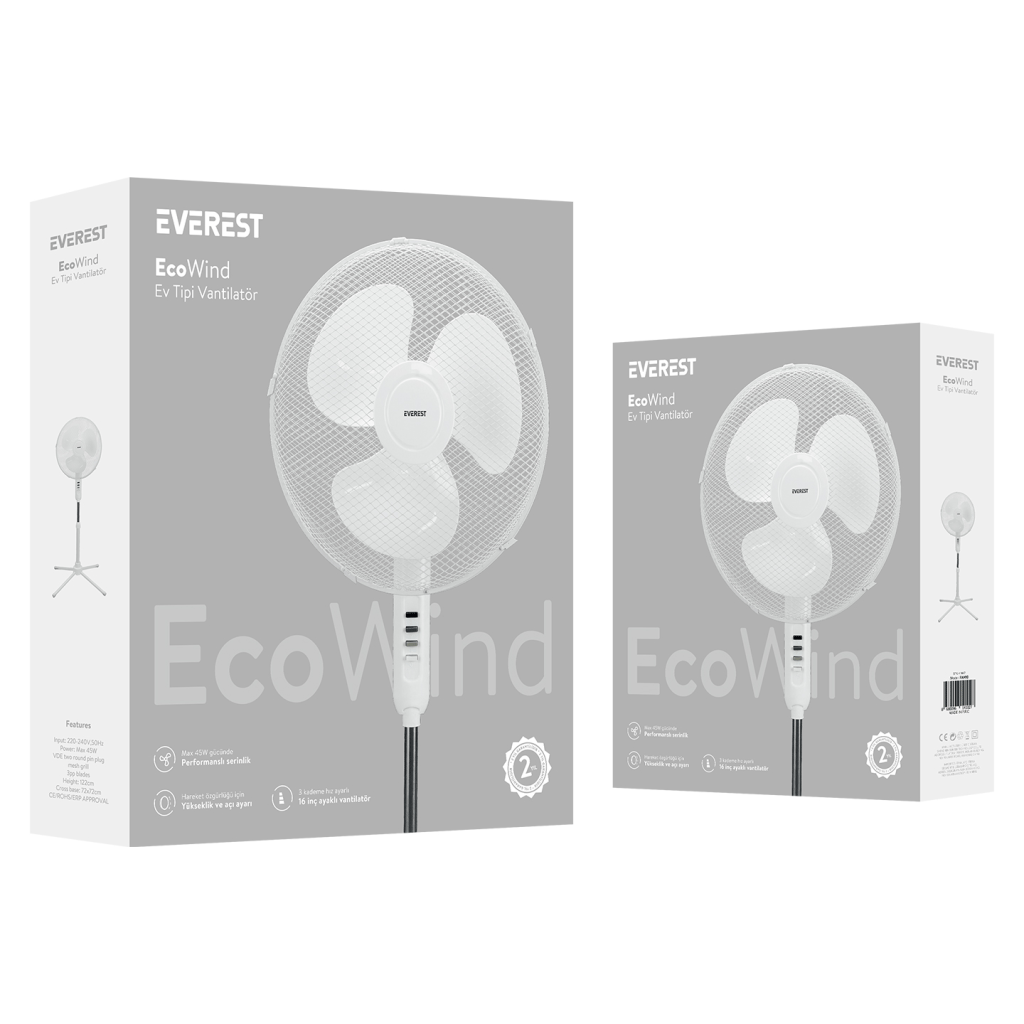 EVEREST FAN10, BEYAZ, EcoWind, 3 Kademeli Hız, 40cm 3 Bıçak Pervane ve Çerçeve, 45W, Otomatik Salınım, Yükseklik Ayarlı Vantilatör