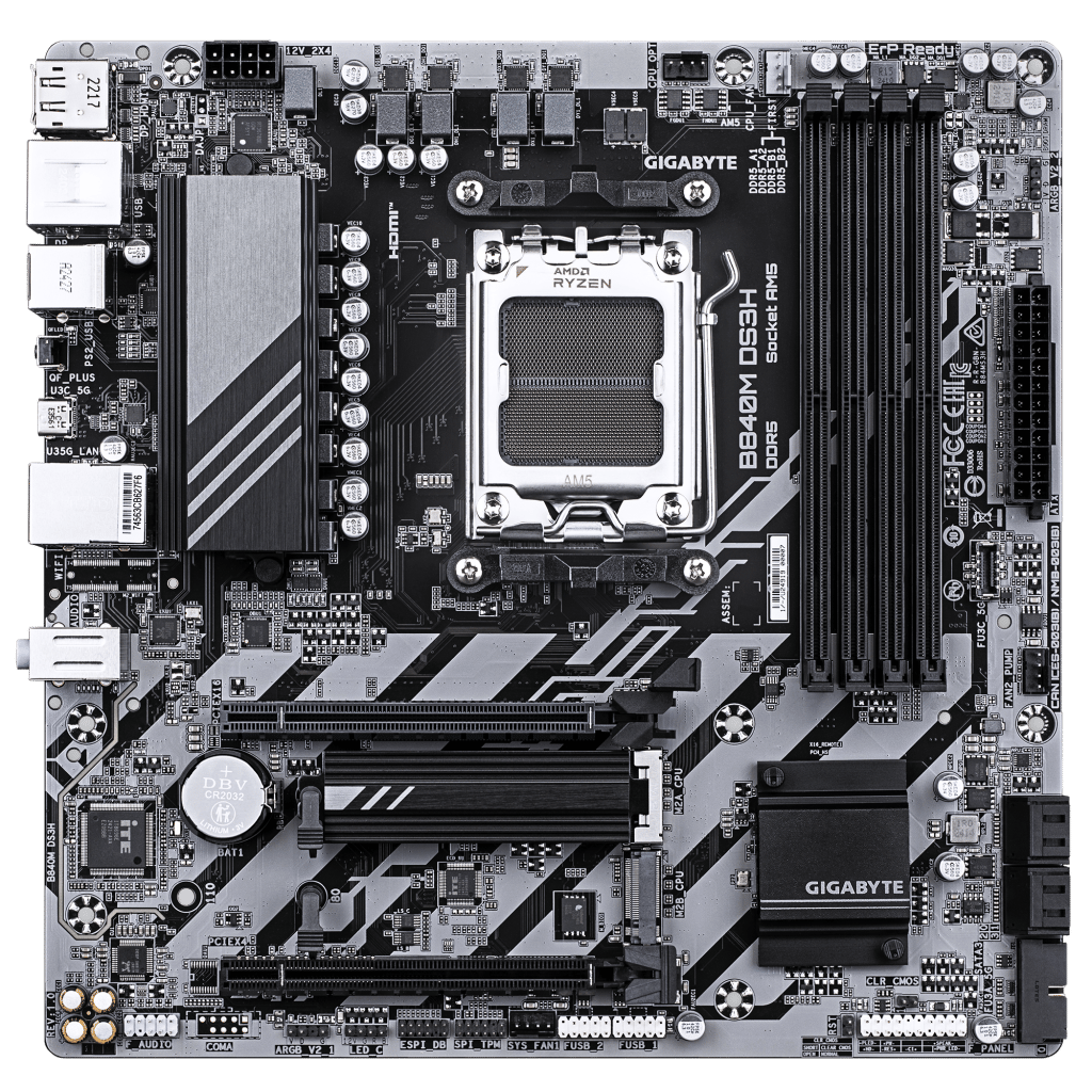 GIGABYTE B840M DS3H, 4xDDR5, 2xM.2, 2xDP, HDMI, Type-C, AM5 Soket GAMING Anakart