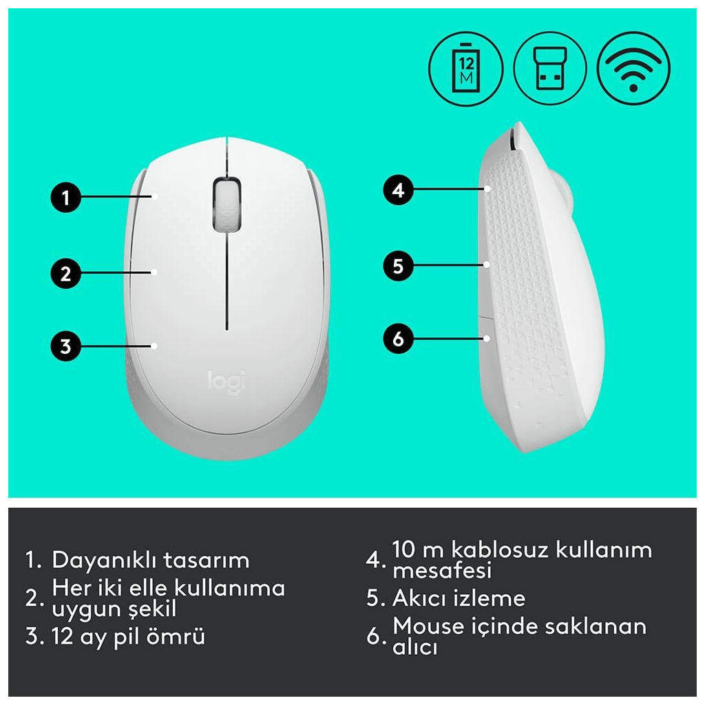 LOGITECH 910-006867, M171 White, USB Nano 2,4G Kablosuz, 1000dpi, Optik, 3 Tuşlu, 12ay Pil Ömrü, Mouse