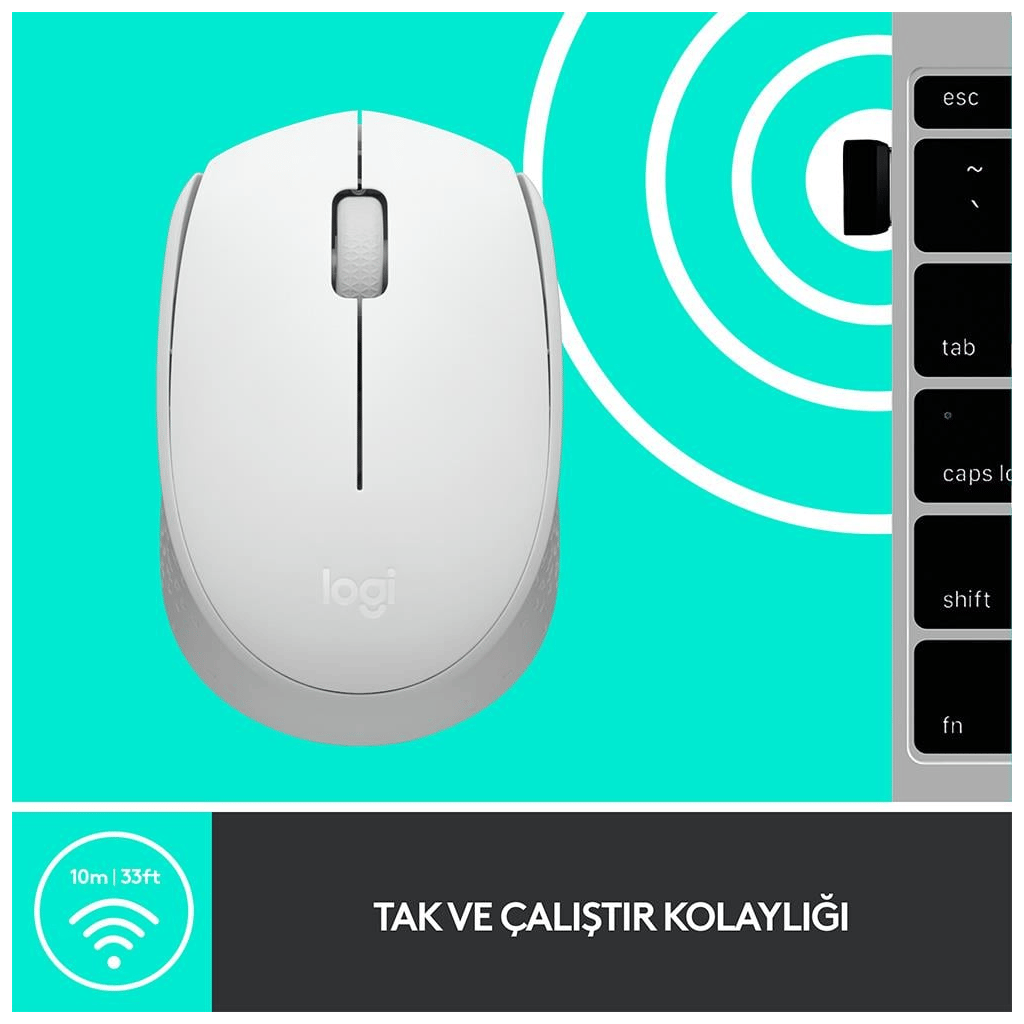 LOGITECH 910-006867, M171 White, USB Nano 2,4G Kablosuz, 1000dpi, Optik, 3 Tuşlu, 12ay Pil Ömrü, Mouse