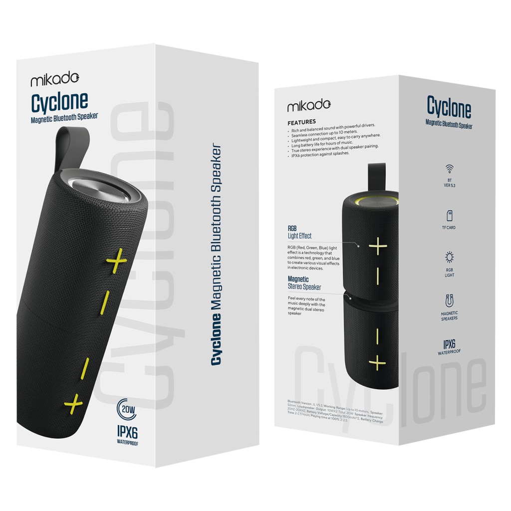 MIKADO MD-51BT, 20W, Taşınabilir, AUX/BT/TF/TWS, RGB Işıklı, 1800mAh + 1800mAh, IPX66 Su Geçirmez, Mıknatıslı, Ayrılabilir 2 Parça, Bluetooth Speaker (Siyah)