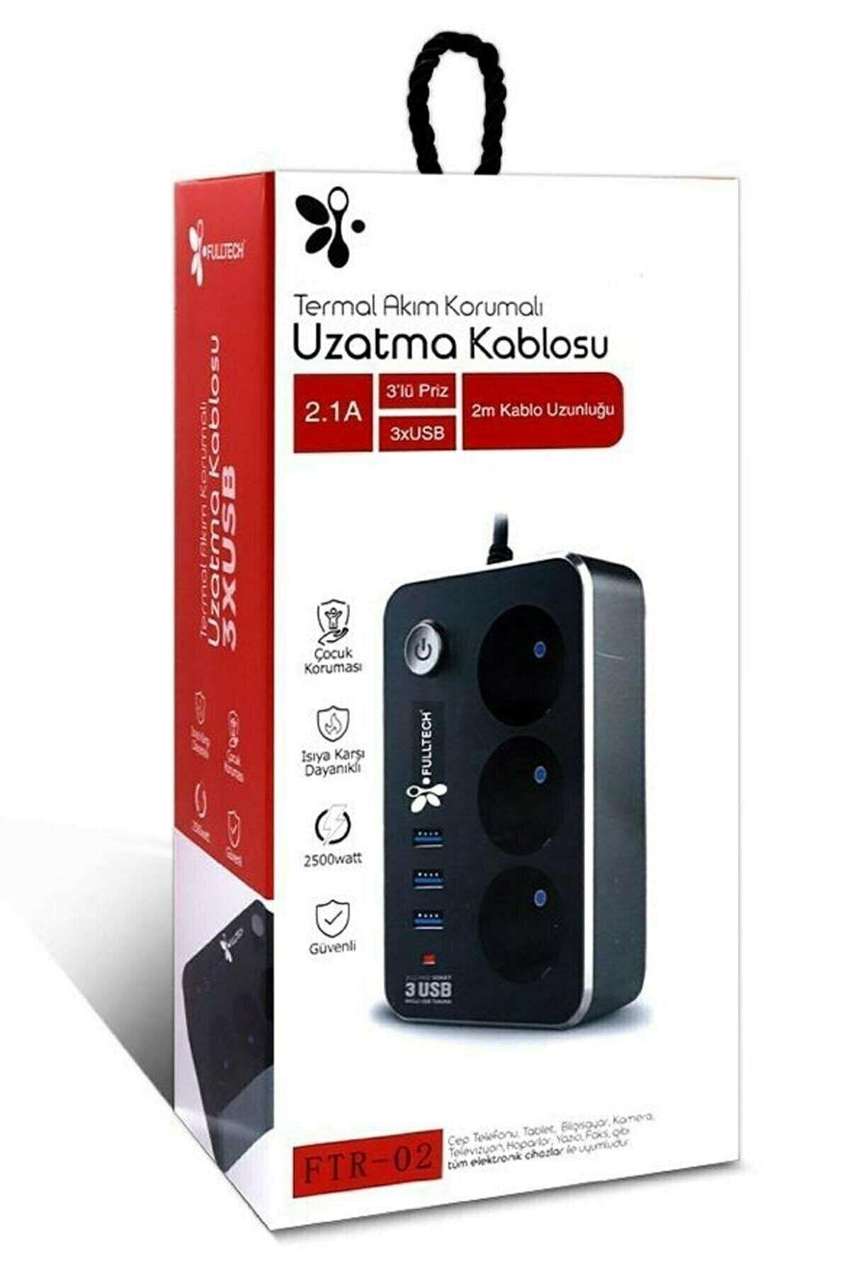Akım Korumalı 3 Usb Li 3 Lü Priz Açma Kapama Anahtarlı 2 Metre Kablo