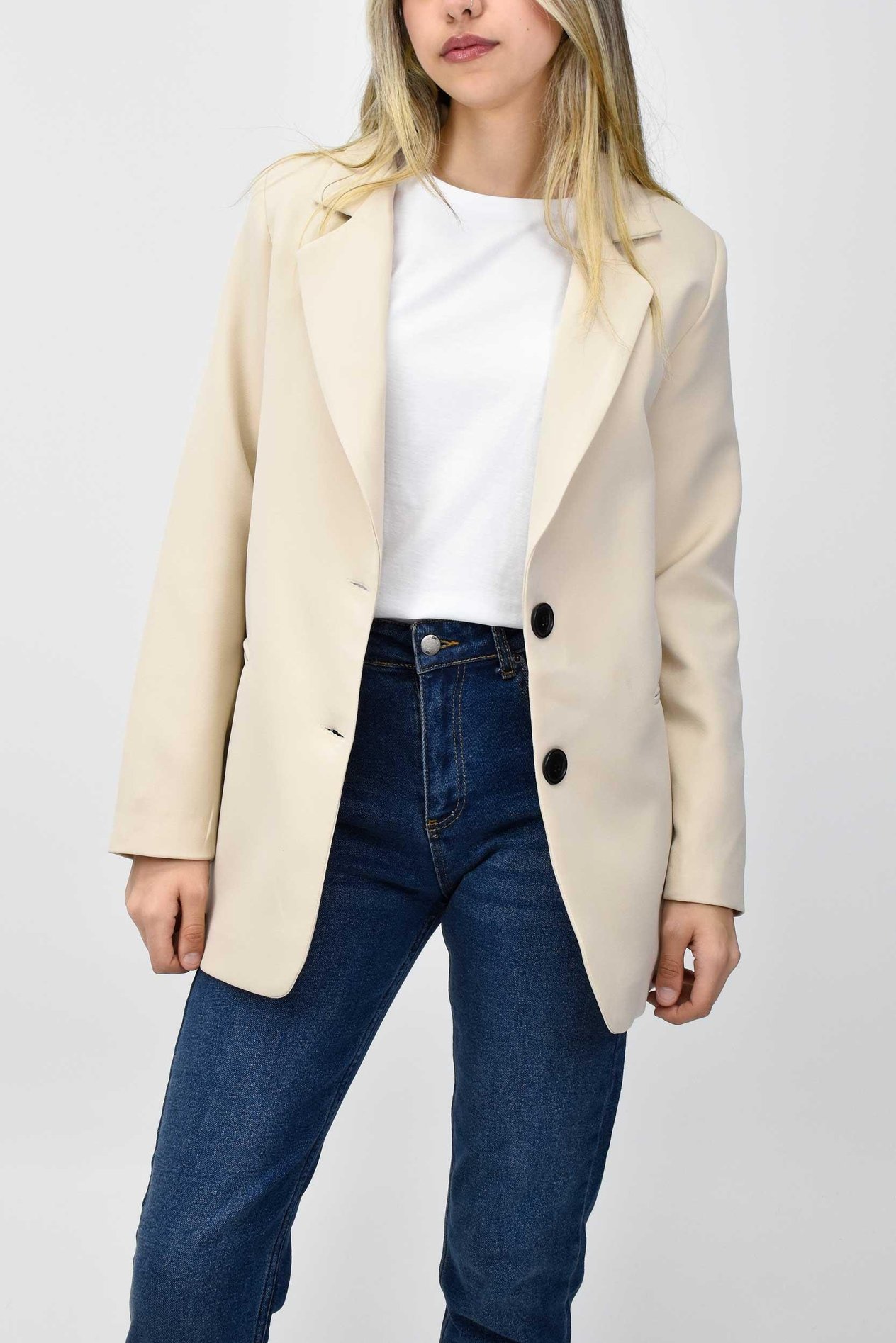 Kadın Uzun Astarlı Blazer Ceket - Krem