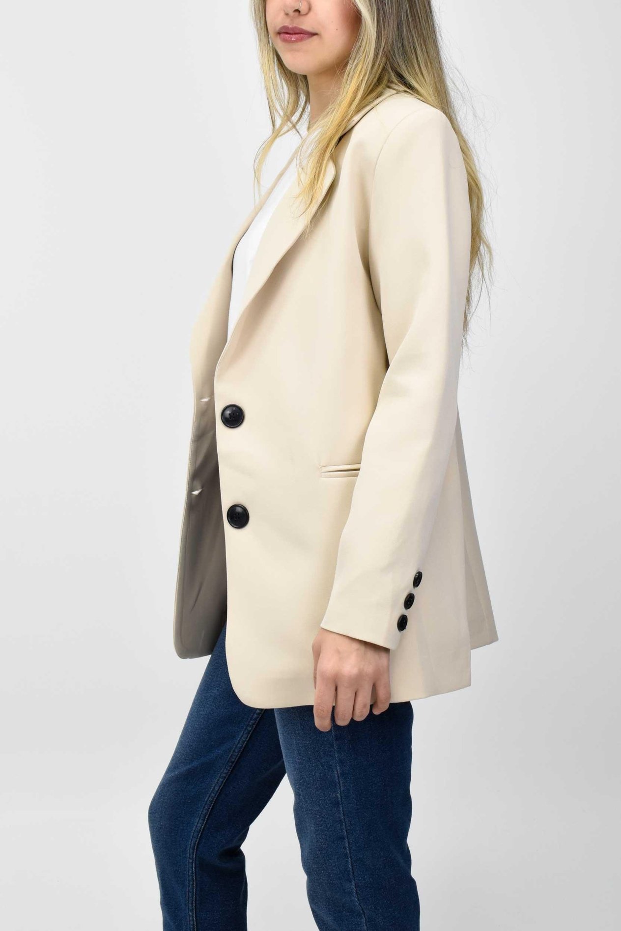 Kadın Uzun Astarlı Blazer Ceket - Krem