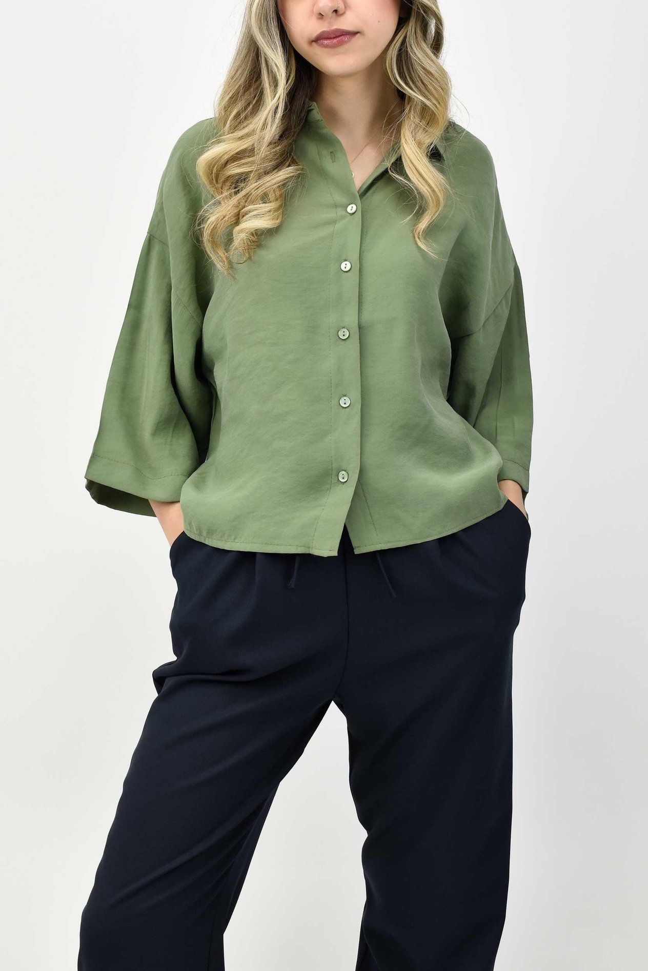Yarım Kollu Oversize Modal Gömlek - Yeşil
