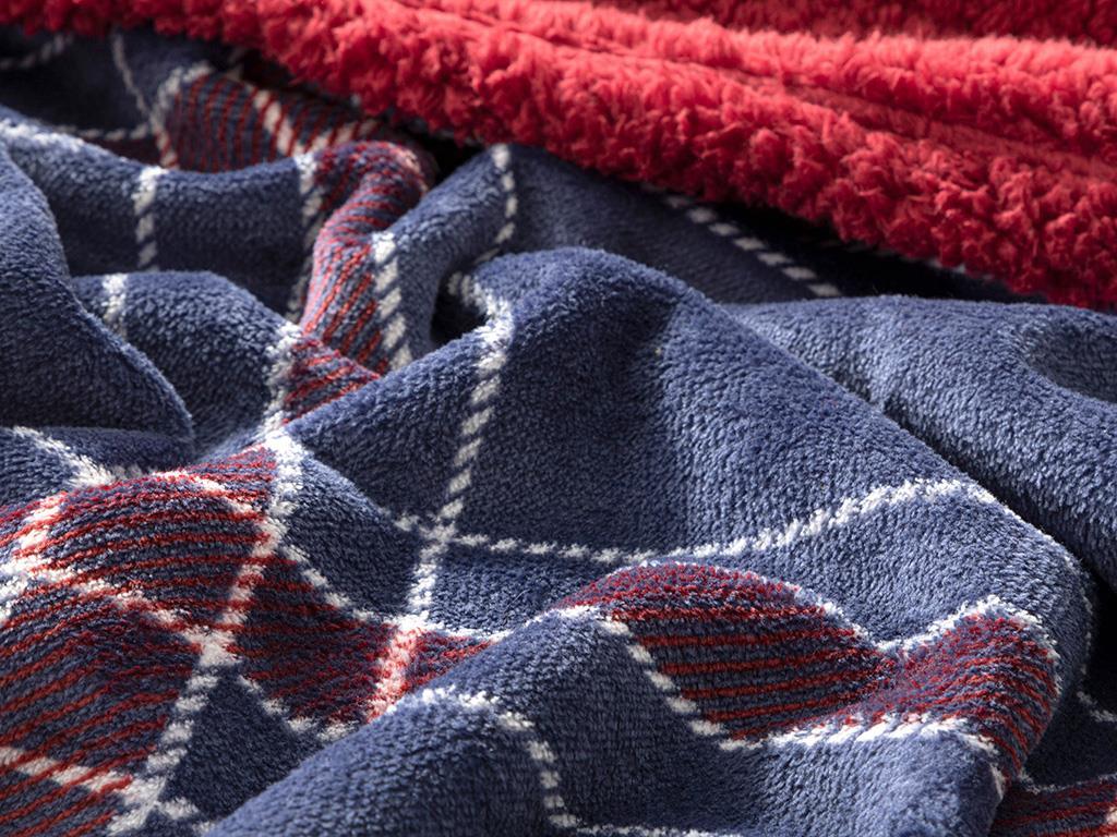 Tartan sherpa For One Person Blanket 150x200 cm NavyBlue-Damson