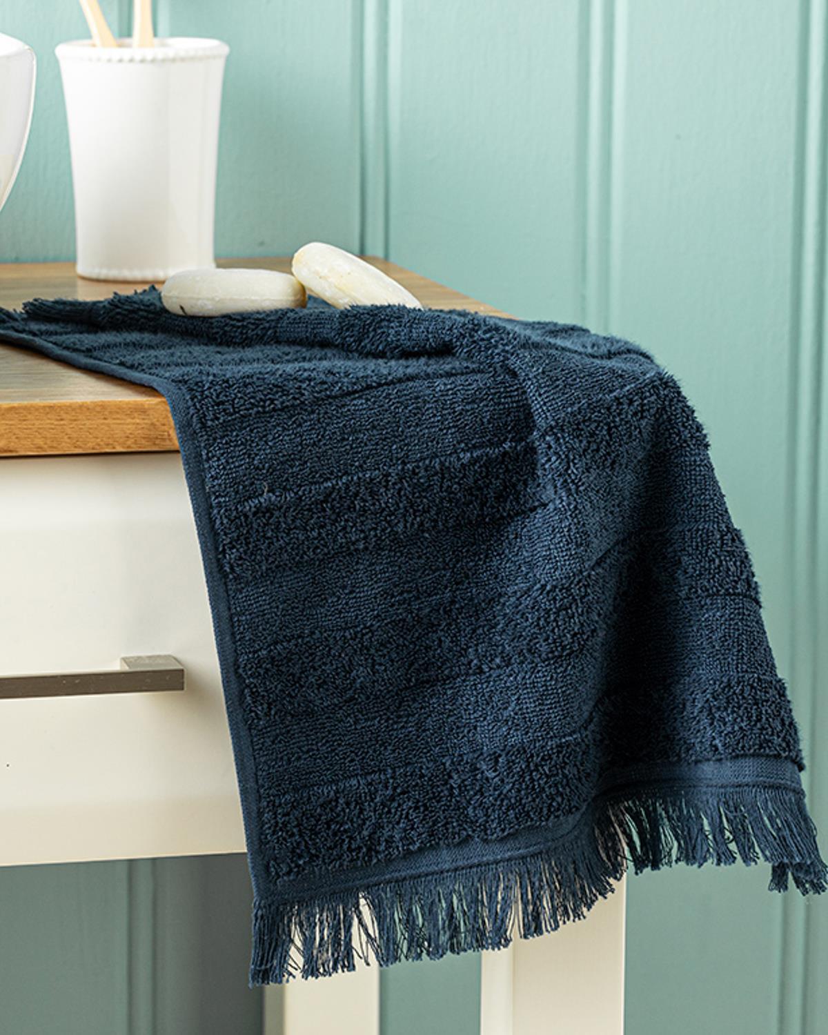 Adorn Cottony Fringed Hand Towel 30x40 cm Dark Blue