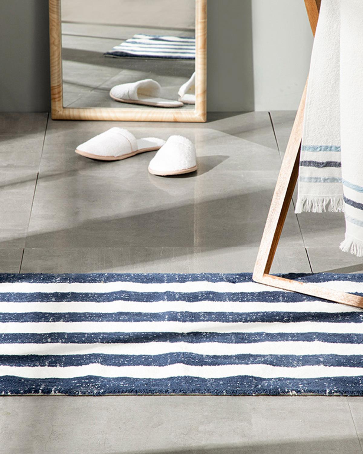 Bold Stripe Striped Cotton Bathroom Mat 60x90 cm Navy Blue - Ecru