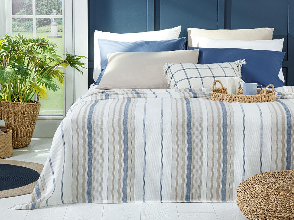 Contemporary With Painted Thread King Size Summer Blanket 220x240 cm Beige - Dark Blue