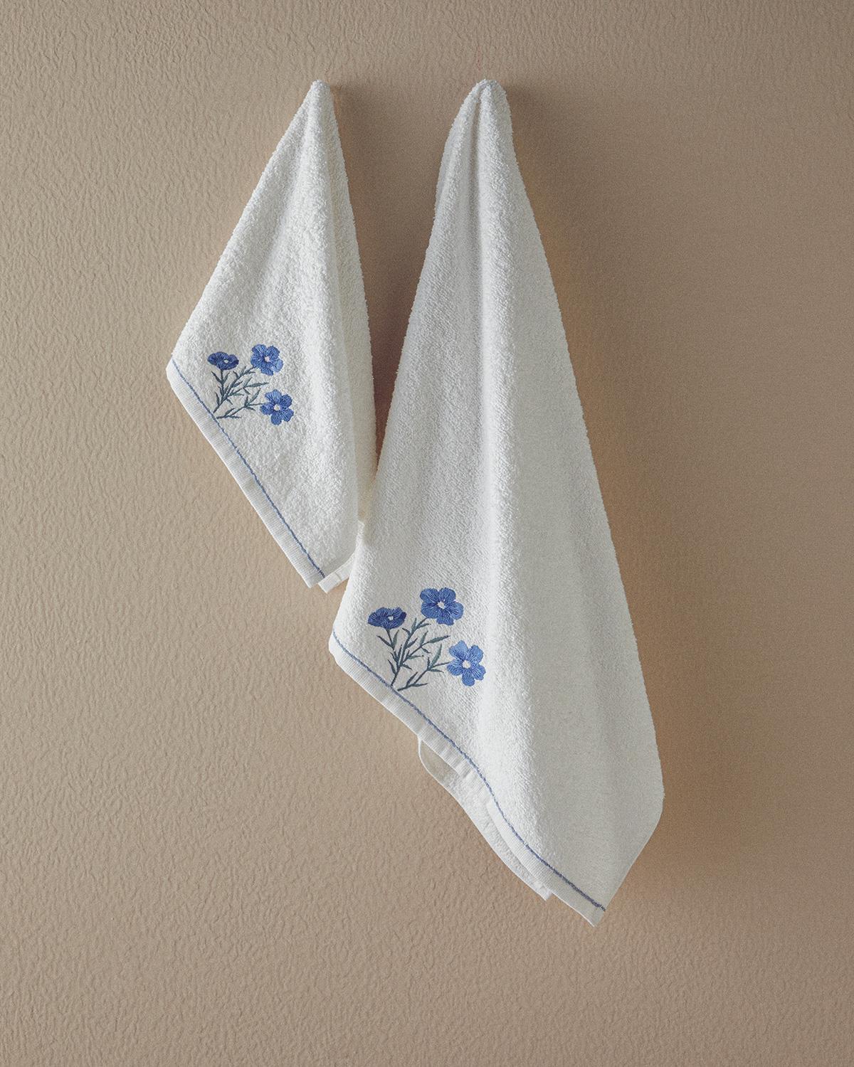 Creeper Cotton Embroidered Face Towel Set 50x80+30x45 cm Ecru