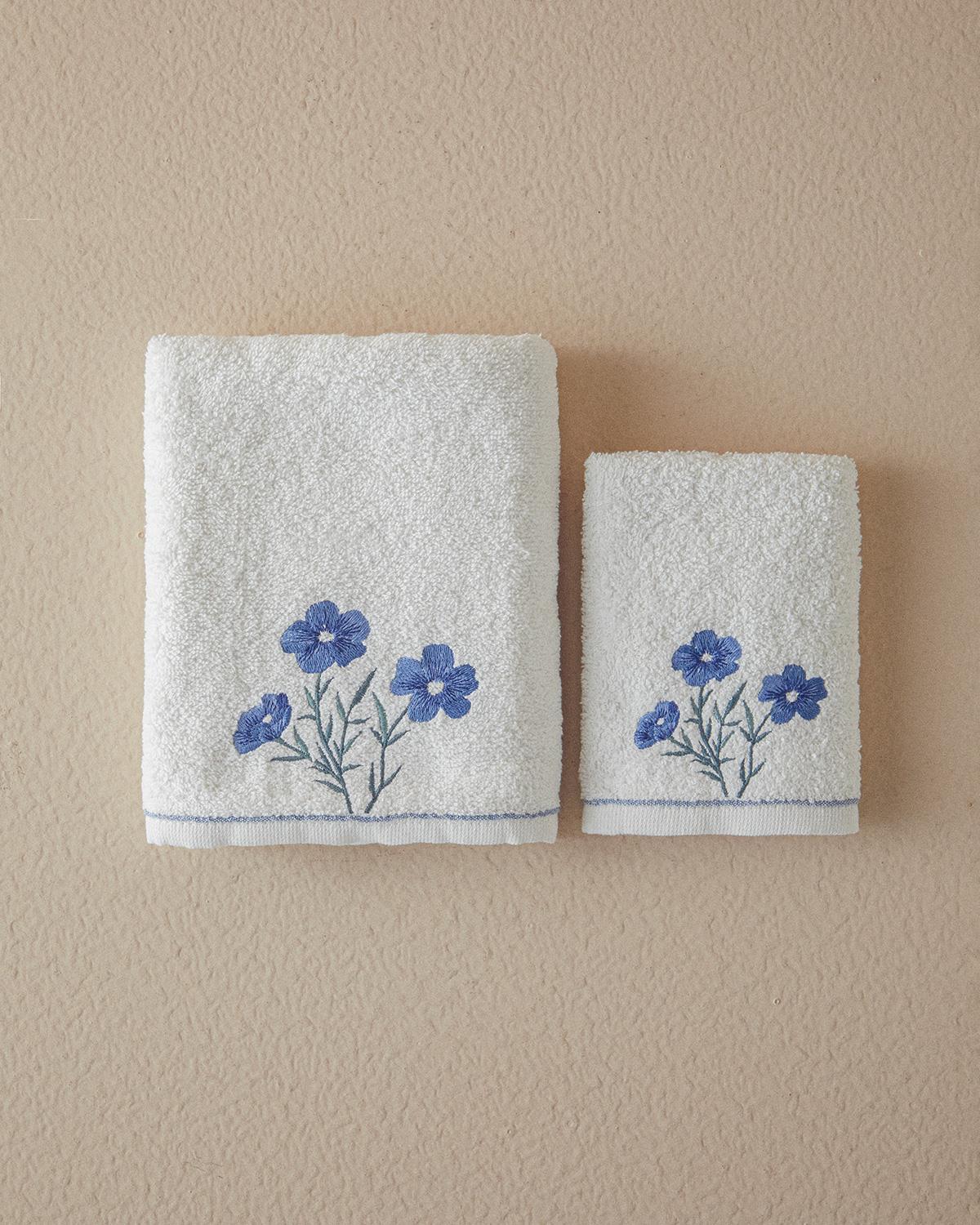 Creeper Cotton Embroidered Face Towel Set 50x80+30x45 cm Ecru
