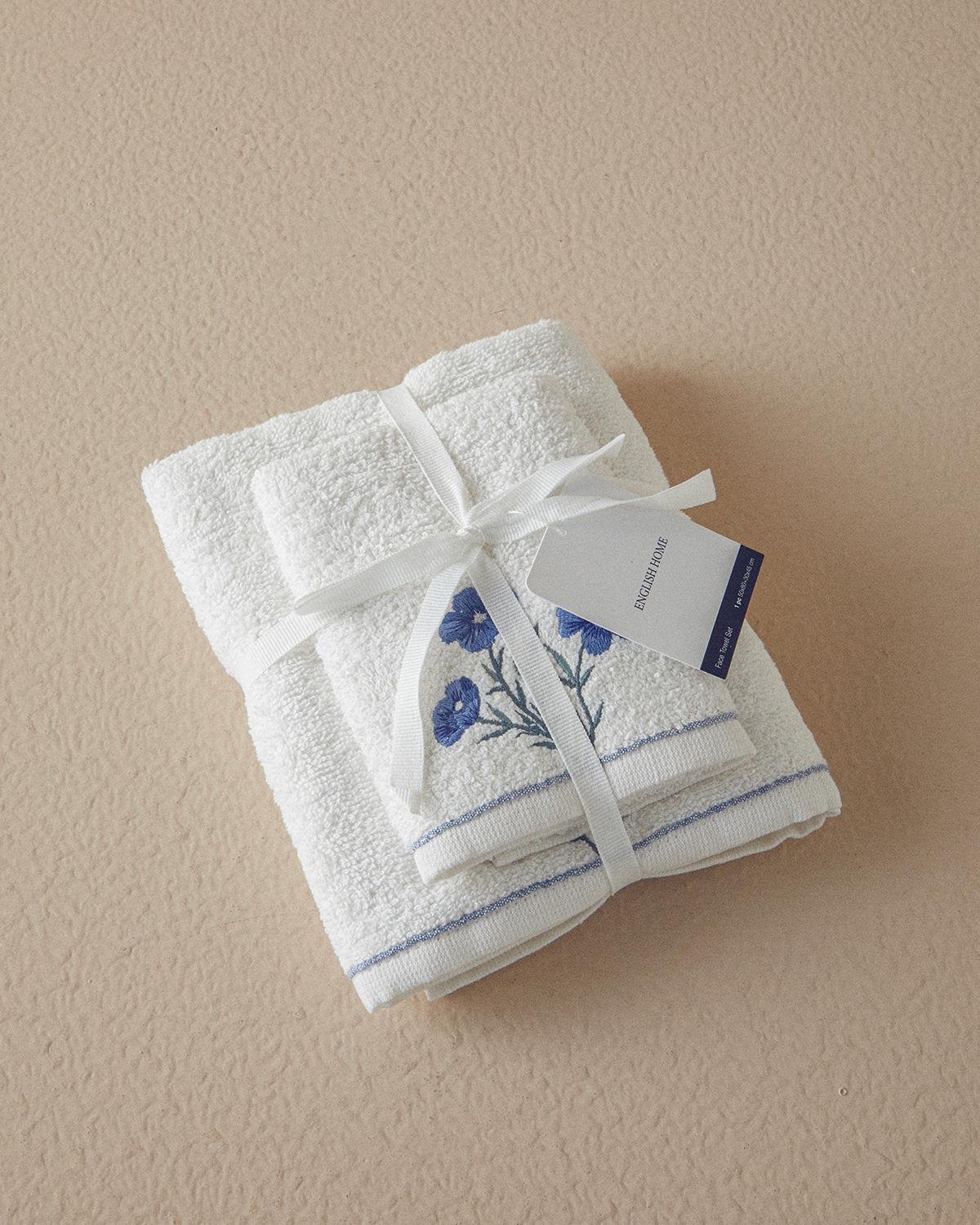 Creeper Cotton Embroidered Face Towel Set 50x80+30x45 cm Ecru