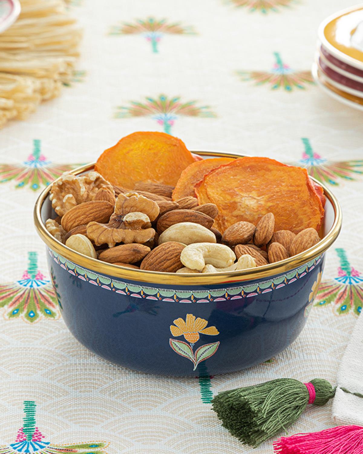 Exotic Flower Enamel Bowl 12 cm Dark Blue.