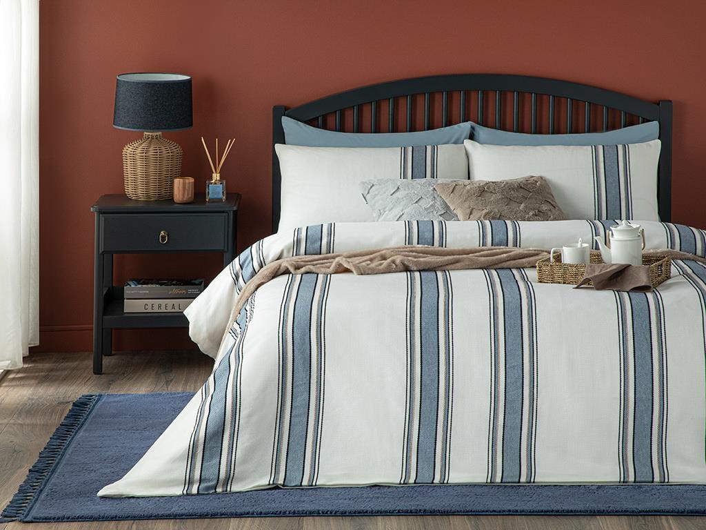 Fine Lines Chenille Paint Yarn Super King Duvet Cover Set 260x220 cm Beige-Blue
