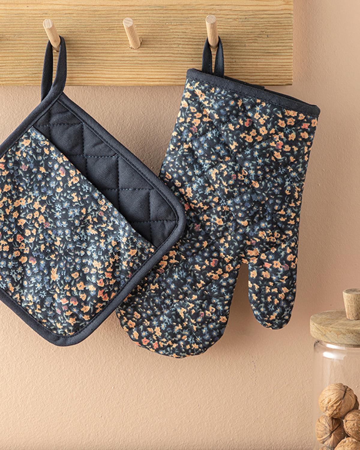 Florals Cotton 2 Set Kitchen Set 17x30 cm+20x20 cm Dark Blue