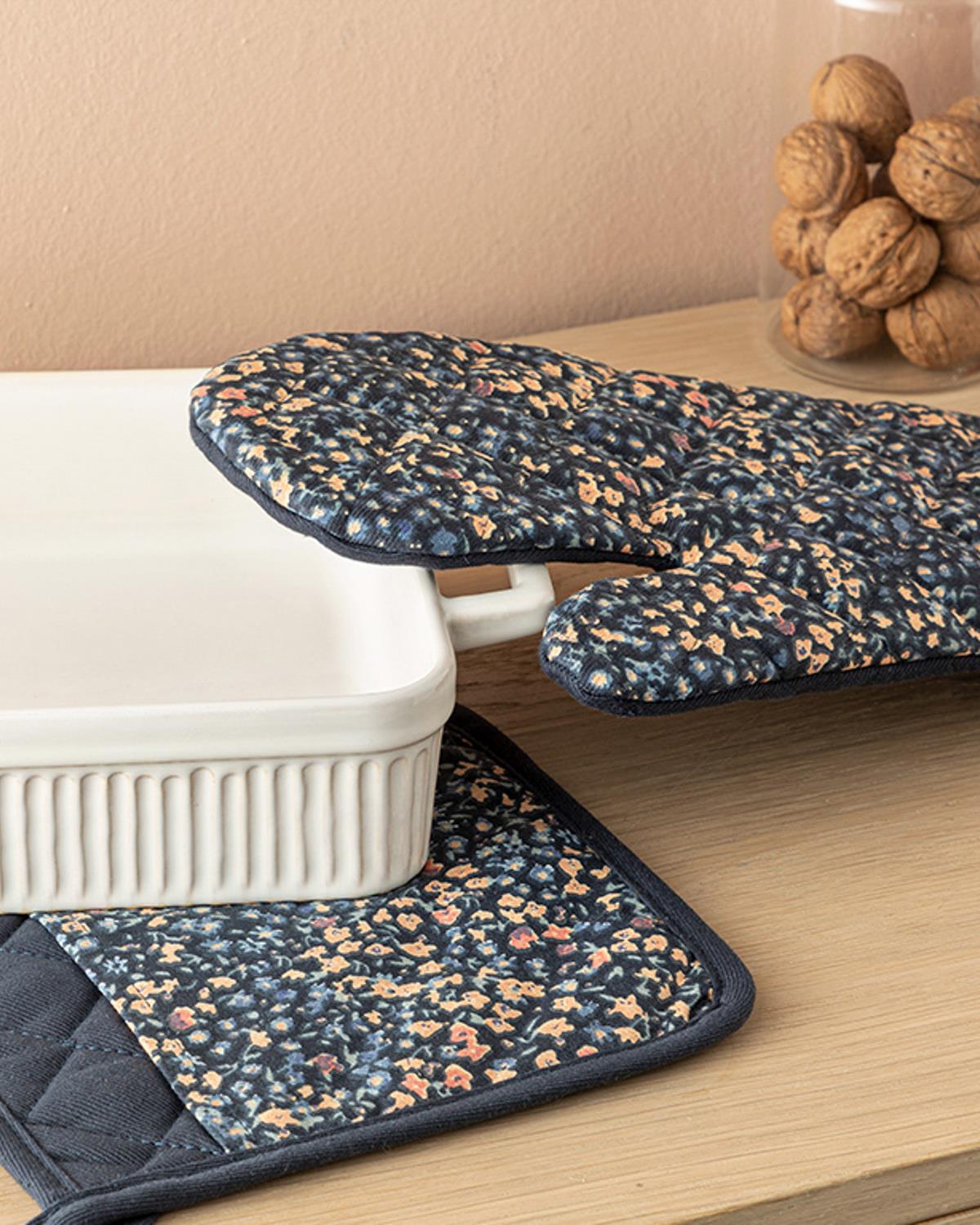 Florals Cotton 2 Set Kitchen Set 17x30 cm+20x20 cm Dark Blue