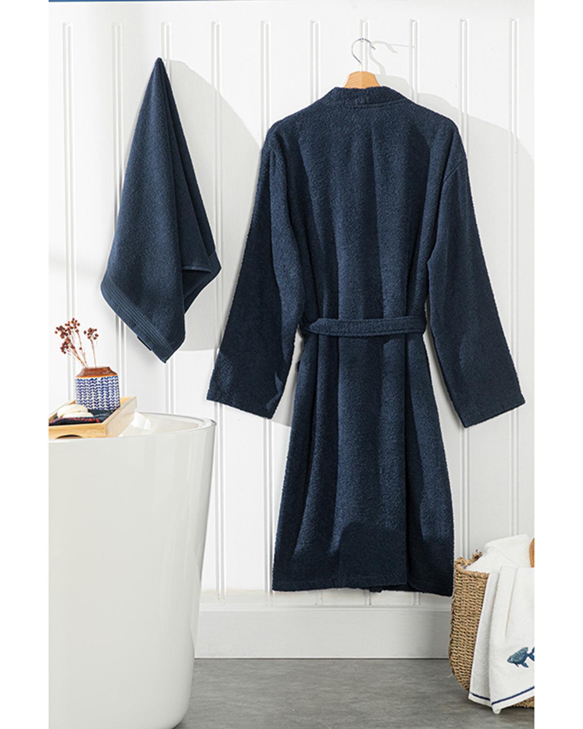 Plain Cottony set Bathrobe Set L-XL Dark Blue
