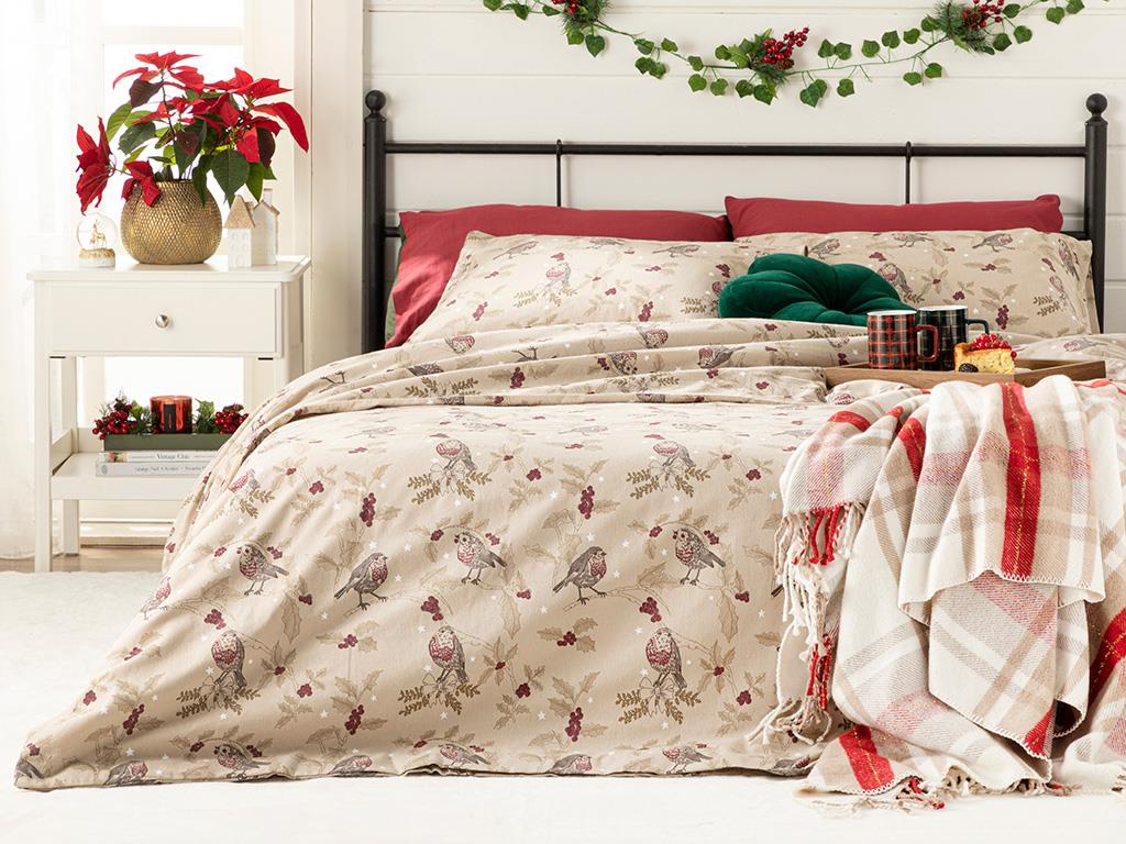 Robin Bird Joy Flannel For One Person Duvet Cover Set 160x220 cm Beige