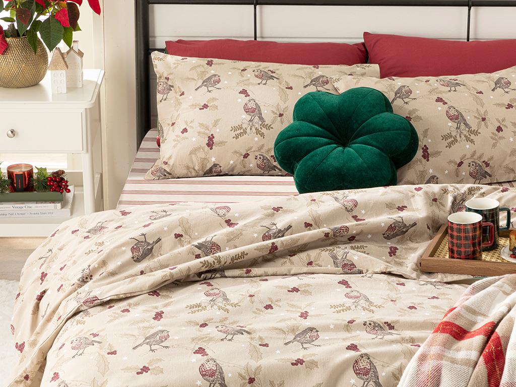 Robin Bird Joy Flannel For One Person Duvet Cover Set 160x220 cm Beige