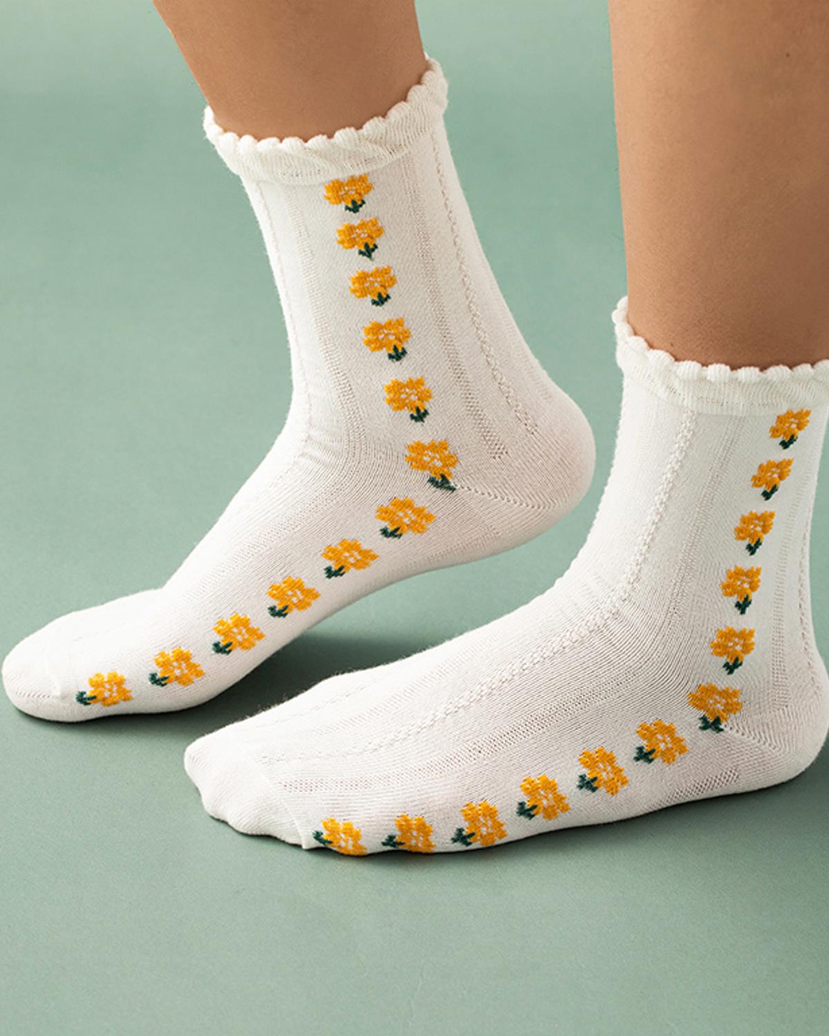 Small Flowers Cotton Women Long Length Sock 36-40 Yellow
