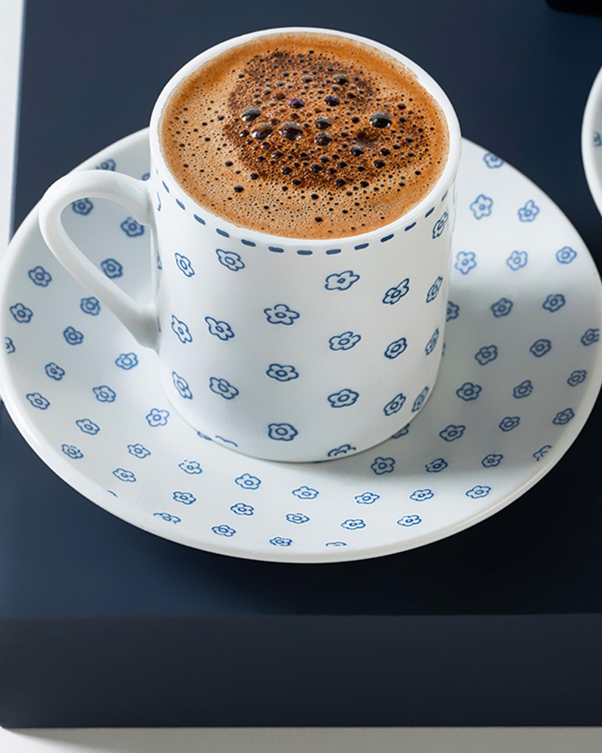 Small Flowers Porcelain 4 Parça 2 Kişilik Coffee Cup Set 80 ml Blue