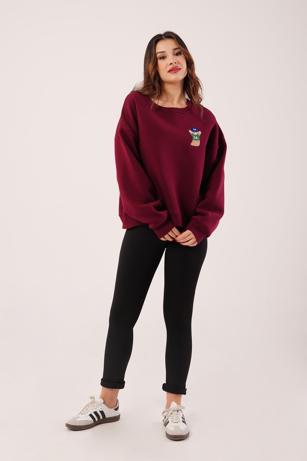 Ayıcık Nakışlı Bisiklet Yaka Bordo Sweatshirt