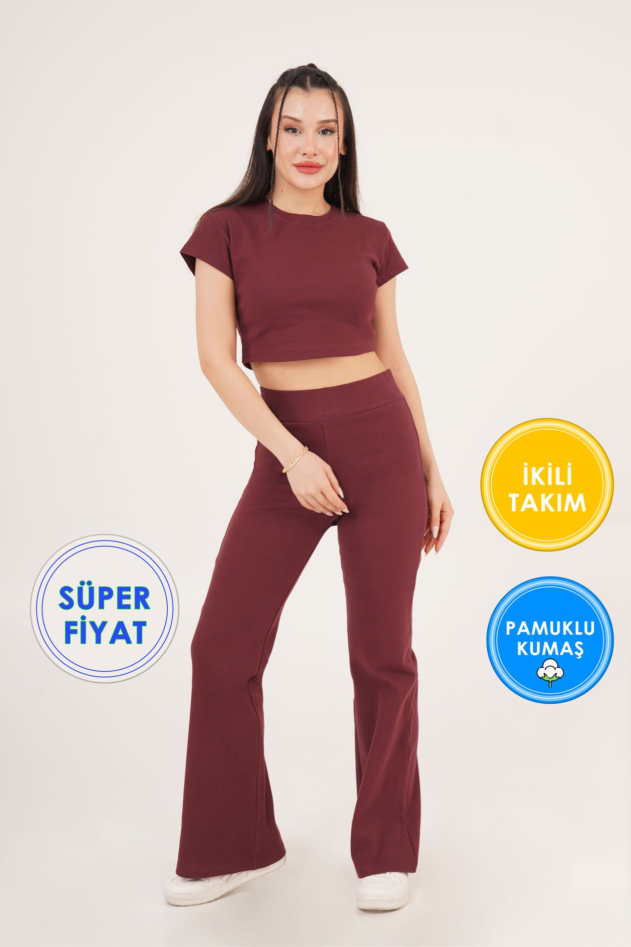 Basic Crop ve İspanyol Paça Pantolon Bordo İkili Takım