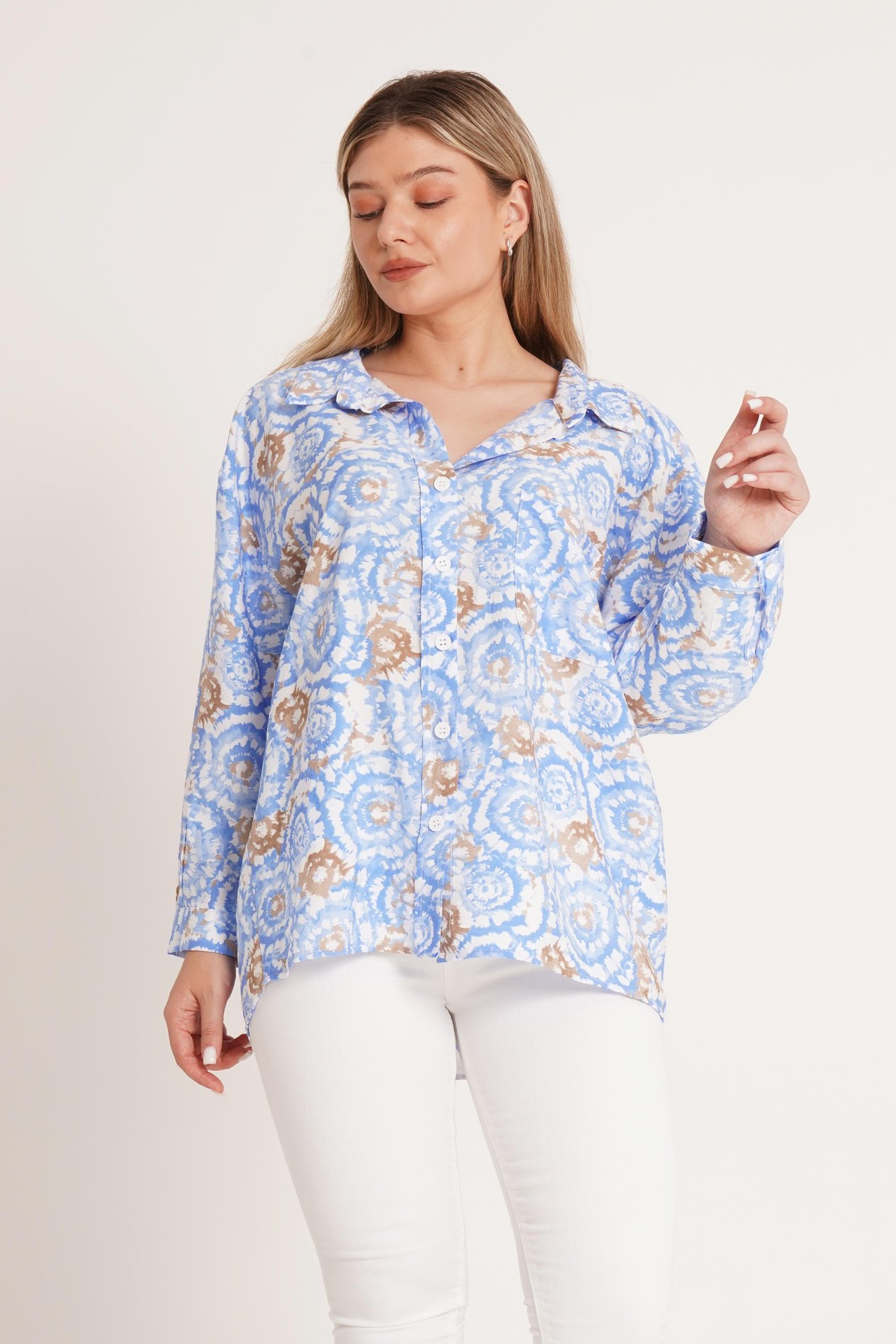 Batik Desenli Oversize Mavi Gömlek