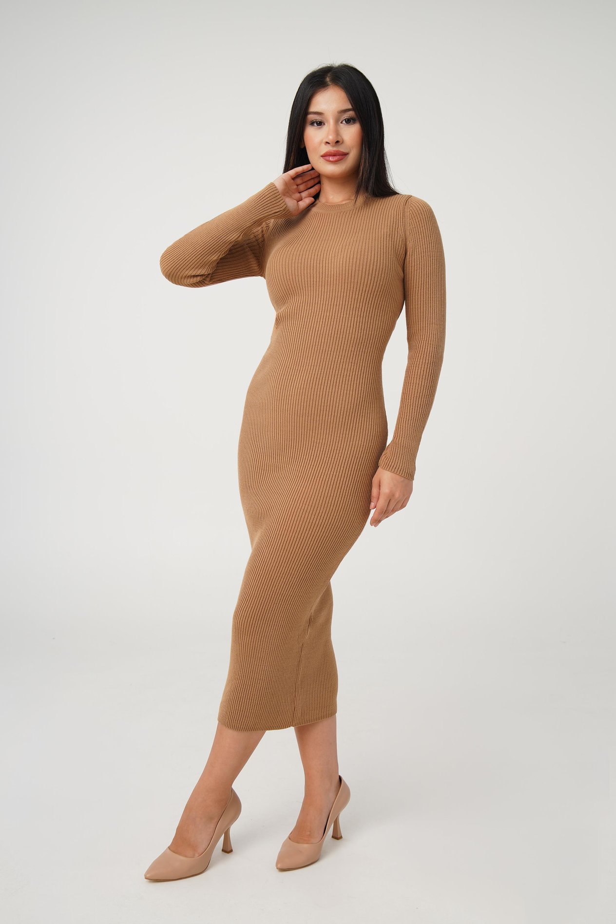 Bisiklet Yaka Fitilli Model Camel Uzun Triko Elbise