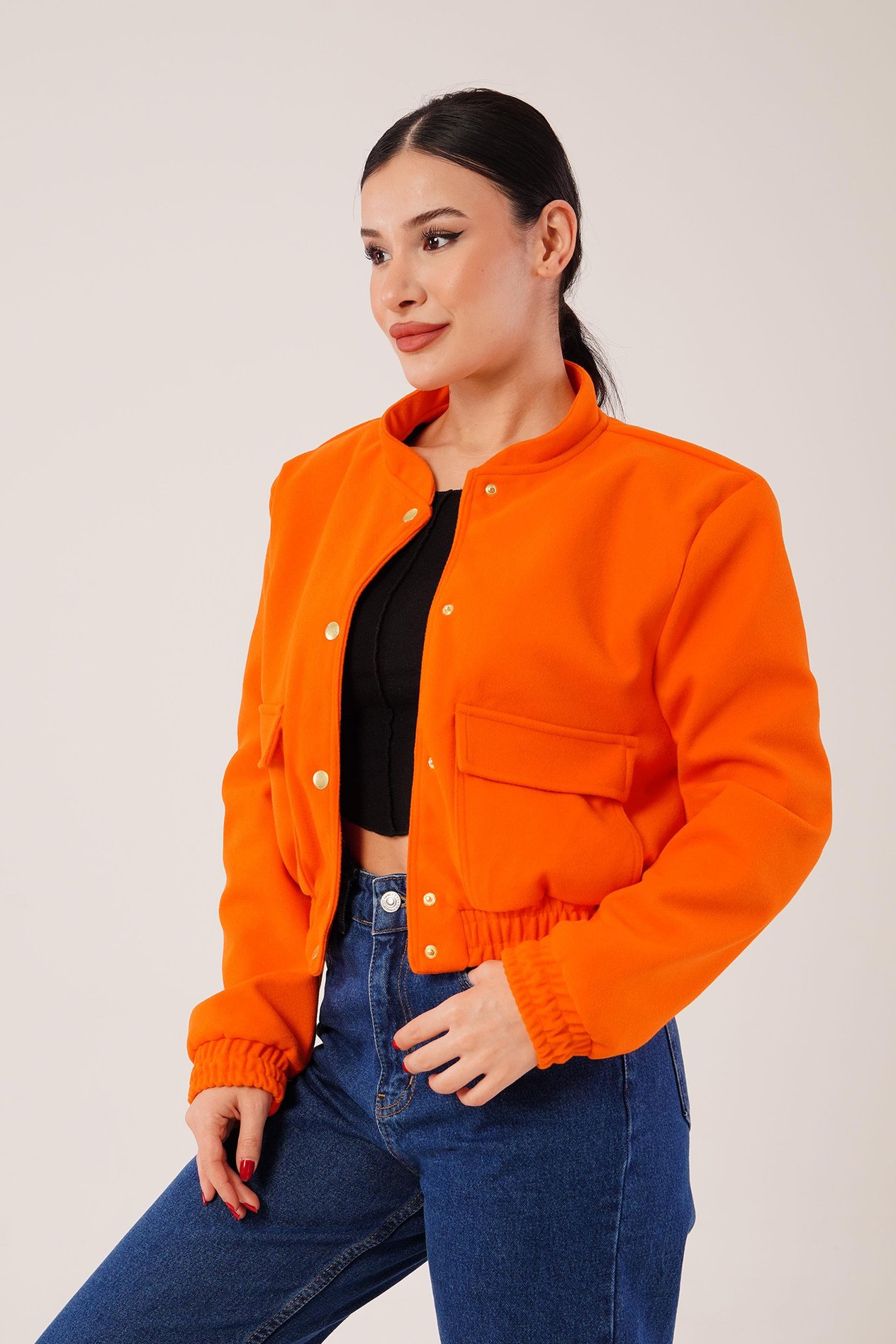 Gold Düğmeli Kaşe Oranj Bomber Ceket