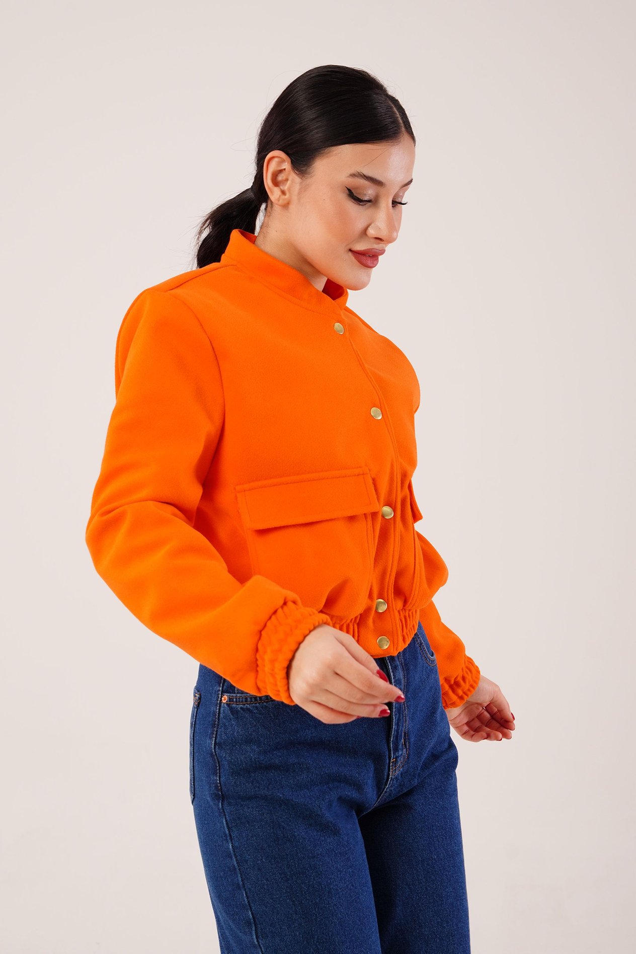 Gold Düğmeli Kaşe Oranj Bomber Ceket