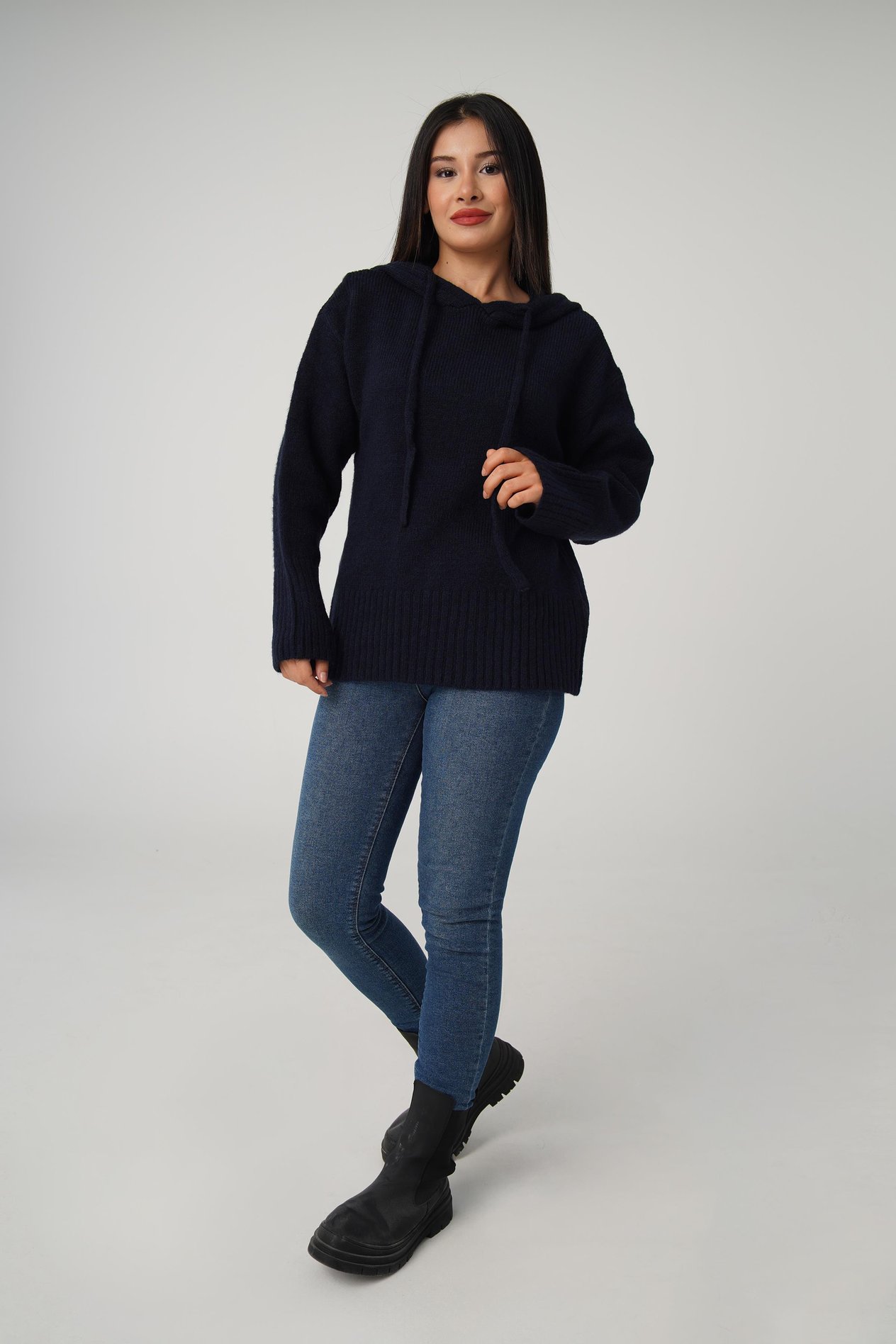 Kapüşonlu Lacivert Triko Sweatshirt Kazak