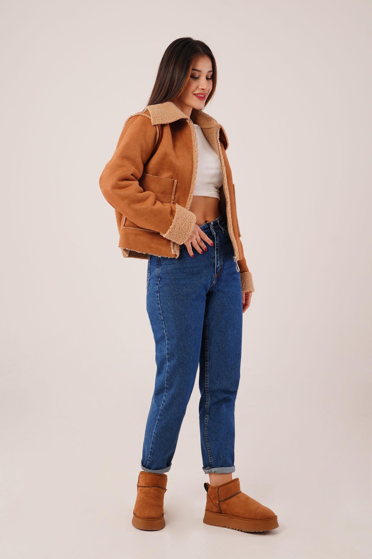 Kürk Detaylı Cepli Camel Mont Ceket