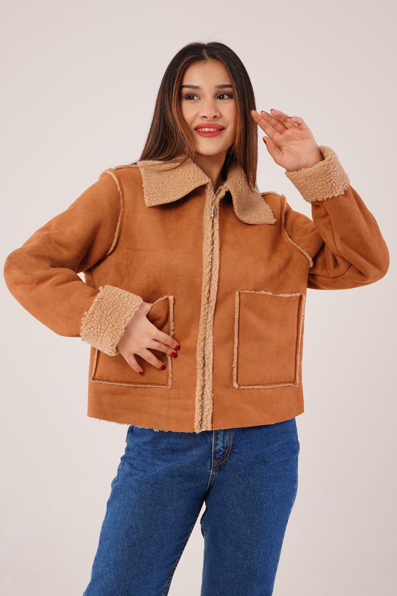 Kürk Detaylı Cepli Camel Mont Ceket