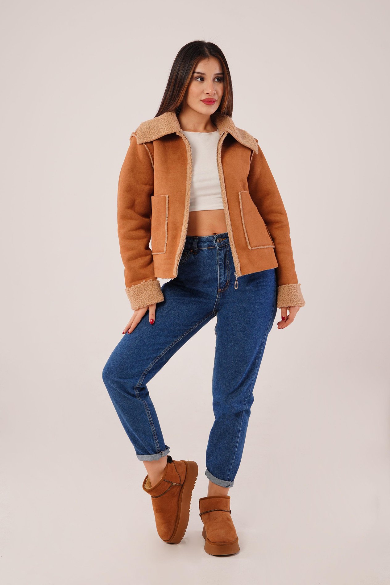 Kürk Detaylı Cepli Camel Mont Ceket