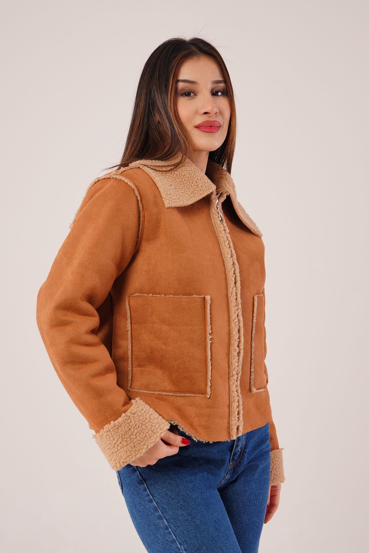 Kürk Detaylı Cepli Camel Mont Ceket