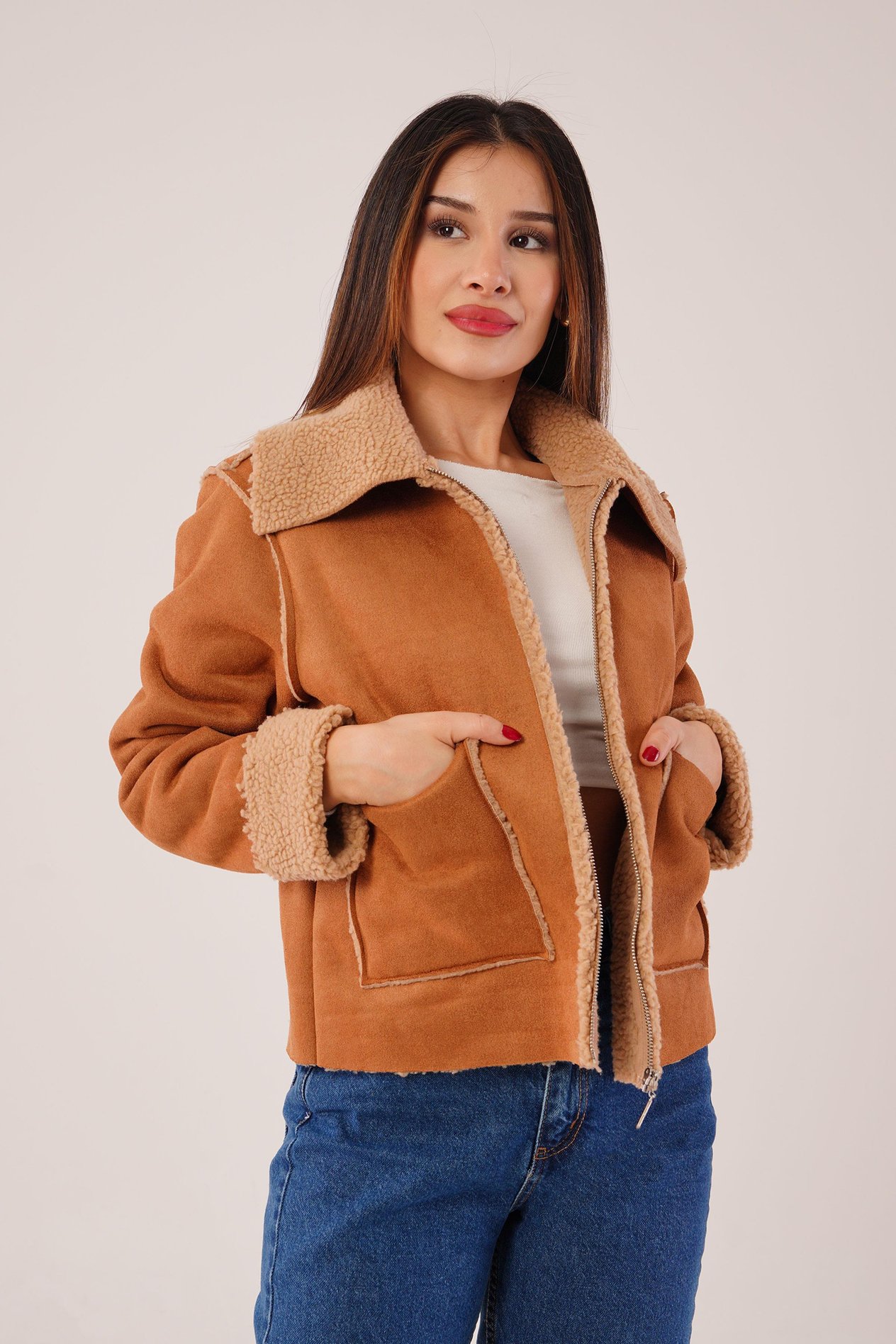 Kürk Detaylı Cepli Camel Mont Ceket