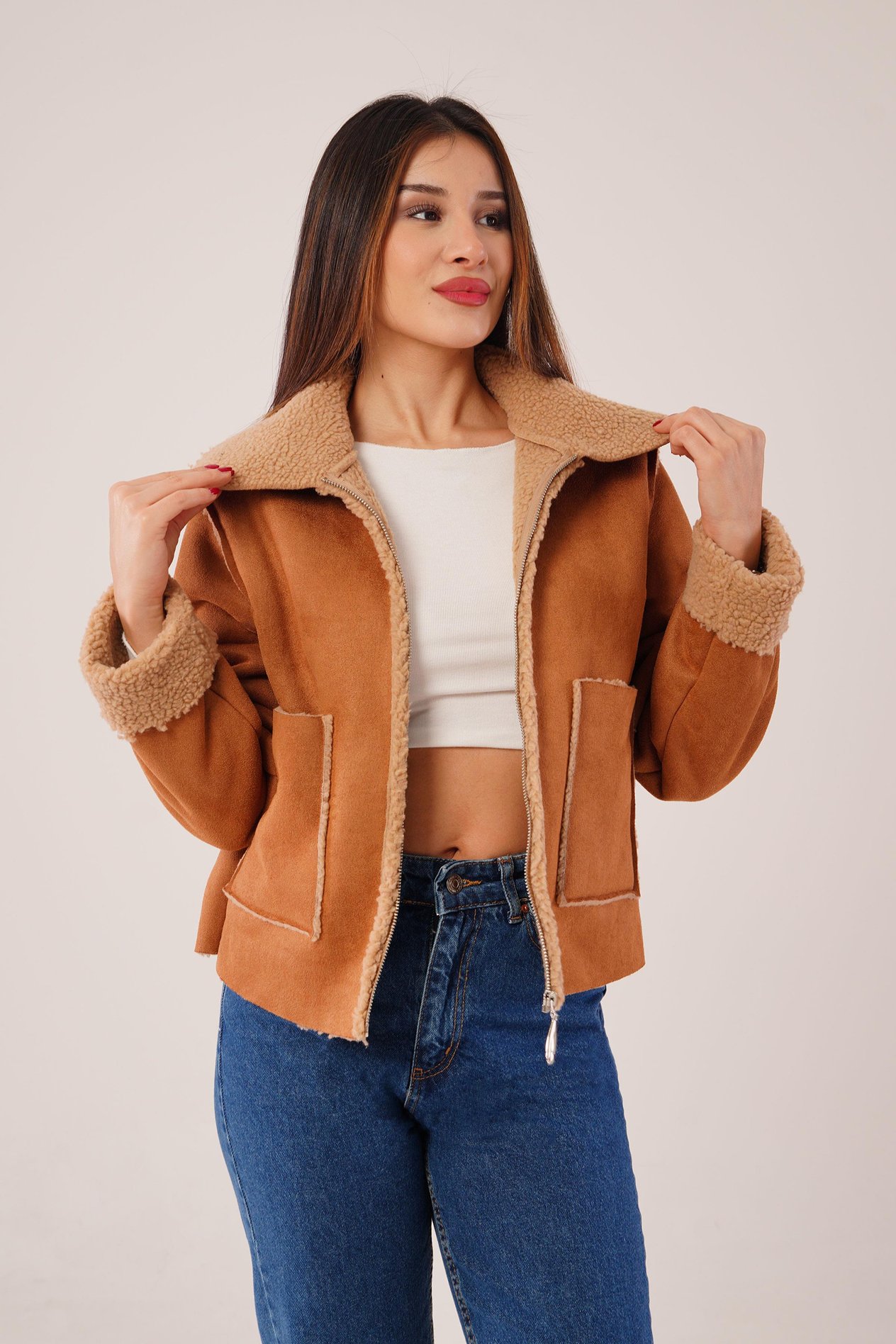 Kürk Detaylı Cepli Camel Mont Ceket