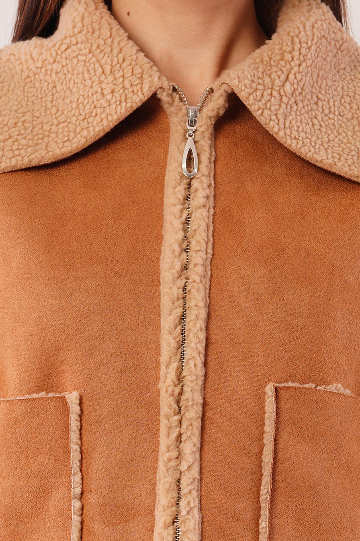 Kürk Detaylı Cepli Camel Mont Ceket