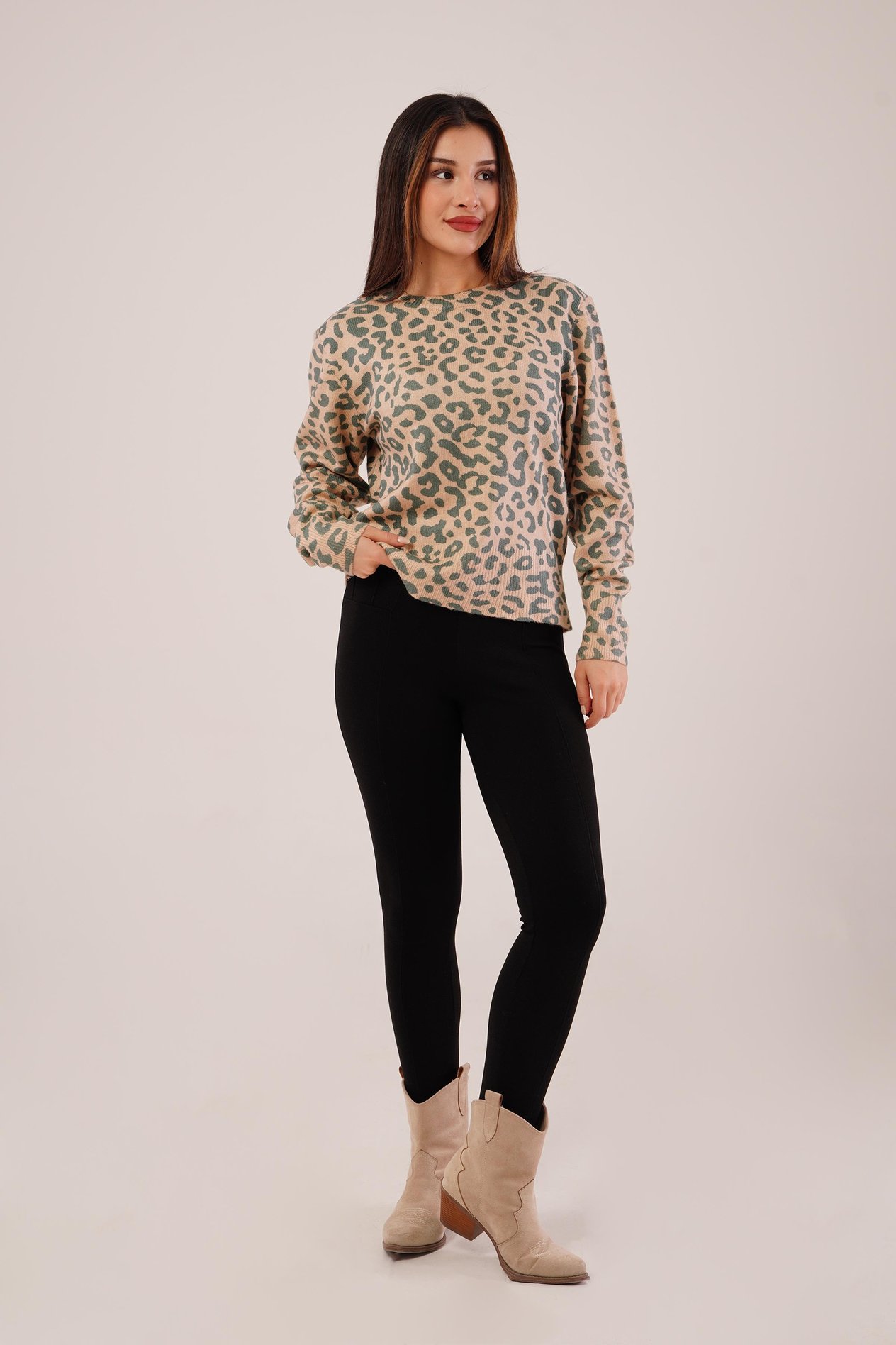 Leopar Baskı Desen Camel Triko Kazak