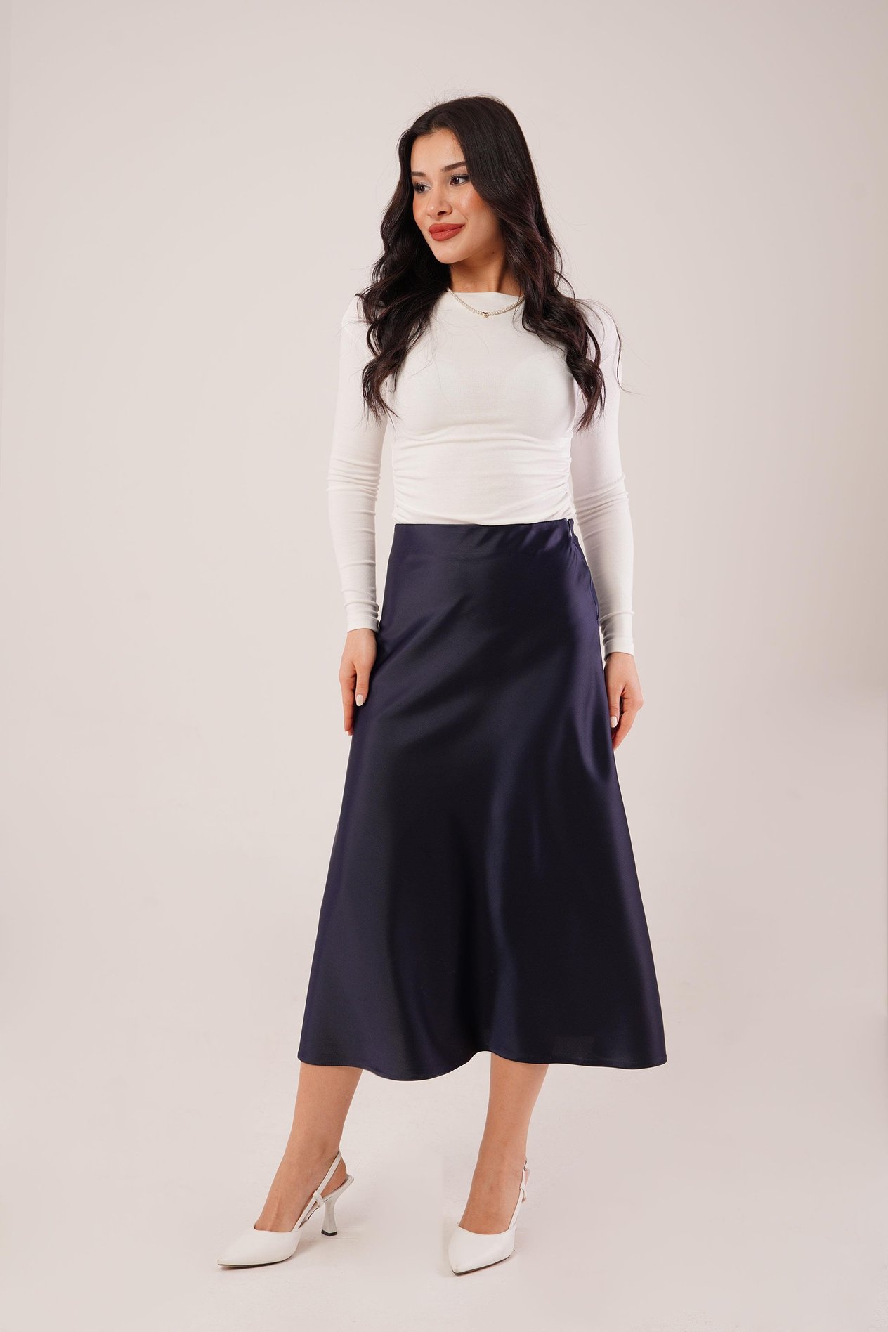 Midi Boy Trend Lacivert Saten Etek