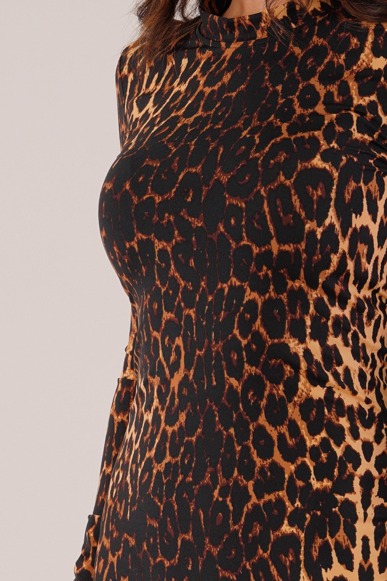 Midi Boy Uzun Kollu Leopar Elbise