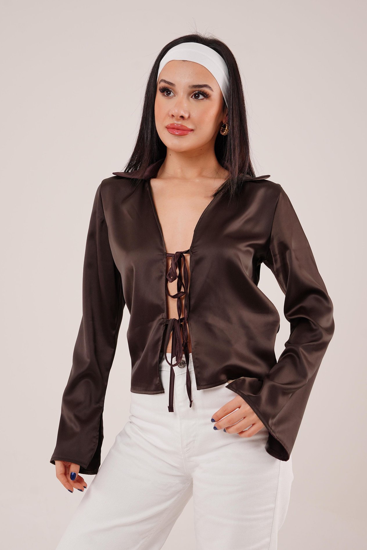 Saten Önden Bağlamalı Kahve Elegance Bluz
