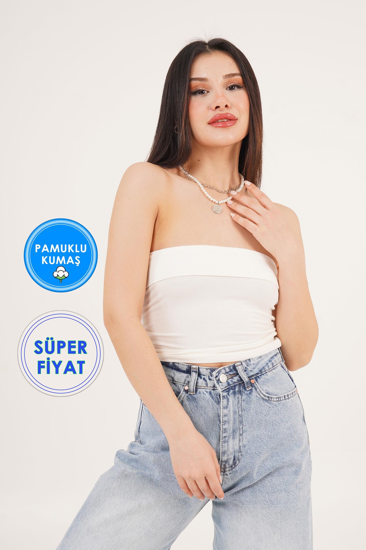 Üst Kısmı Katlama Detaylı Beyaz Straplez Bluz