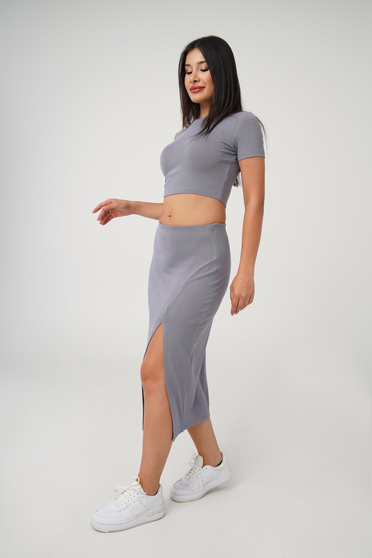 Yırtmaçlı Etek Crop Basic Gri İkili Takım